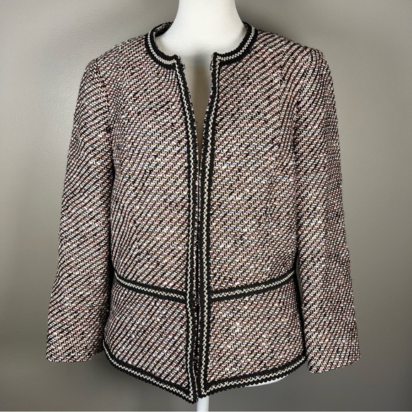Talbots GROSGRAIN-TRIM TWEED Blazer Jacket Size 10P Petites Office Workwear - Picture 1 of 12